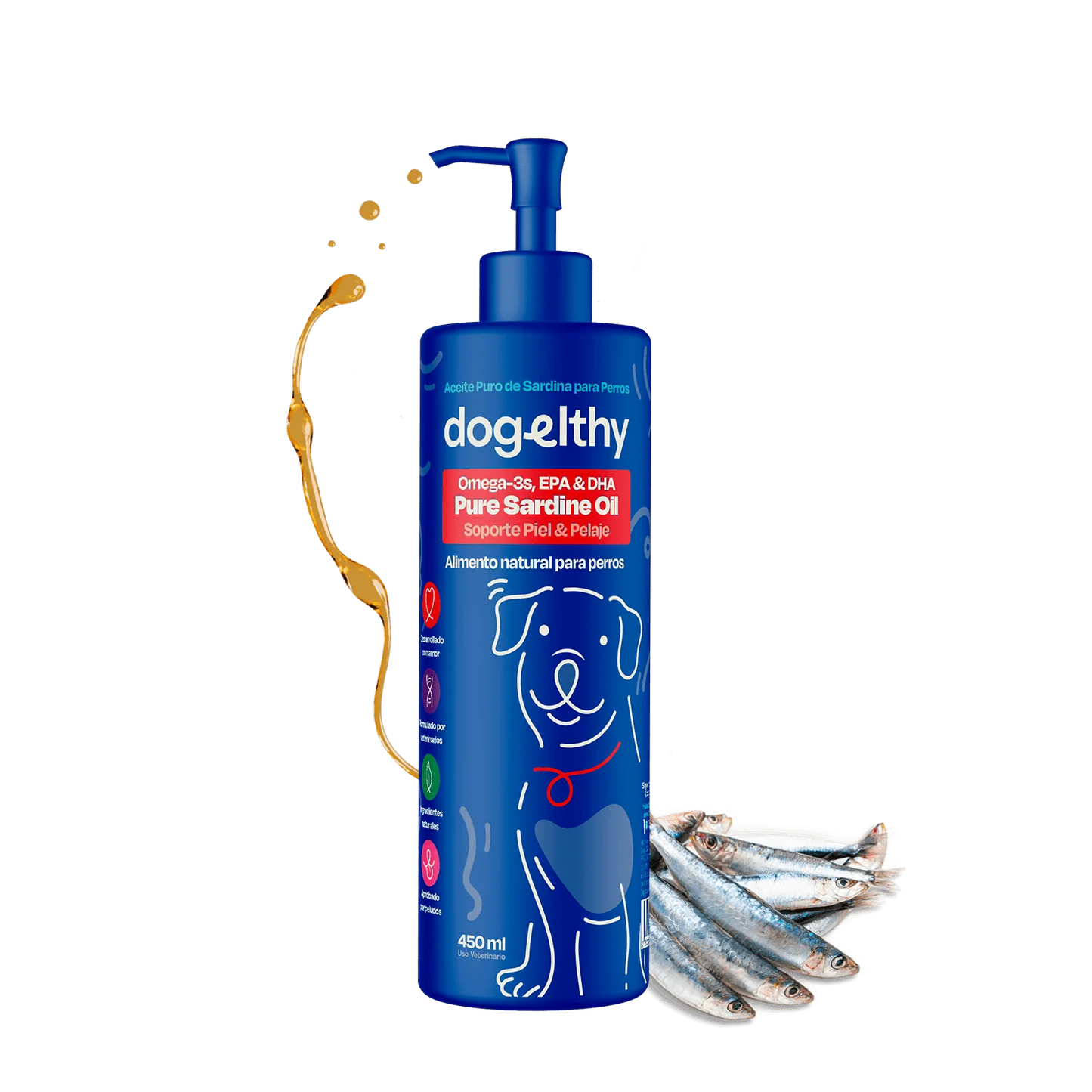 Dogelthy PURE SARDINE OIL 450 mL (Aceite Puro de Sardina Pelaje, Piel y Articulaciones)