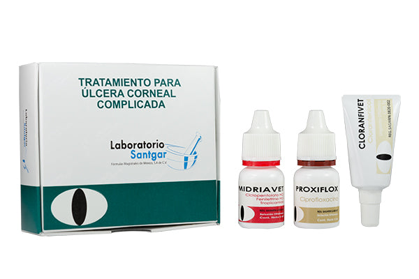 Tratamiento para úlcera corneal complicada SANTGAR ( Midriavet, Proxiflox, Cloranfivet ) ( ulcera corneal complicada) PRODUCTO CONTROLADO VENTA SÓLO EN FARMACIA CON RECETA MEDICA CUANTIFICADA EN ORIGINAL