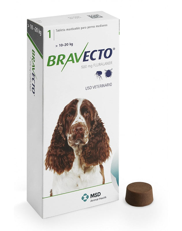 Bravecto M 500 mg  10 - 20 kg Comprimido Masticable para control de Pulgas y Garrapatas