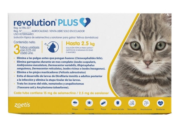 Revolution Plus Amarillo ( Gatos de hasta 2.5 kg ) 3 pipetas 0.25 mL c/u